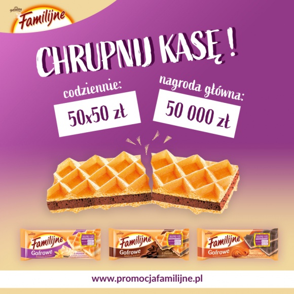 Został tydzień, by „Chrupnąć kasę” w loterii wafli Familijnych Zdrowie, BIZNES - Jeszcze tylko przez tydzień, do 31 lipca, wszyscy którzy kochają wafle Familijne mają szansę wygrać atrakcyjne nagrody w loterii marki, realizowanej pod hasłem „Chrupnij Kasę!”. Nagrodą główną w wielkim finale jest 50.000 złotych. Losowanie zbliża się wielkimi krokami!